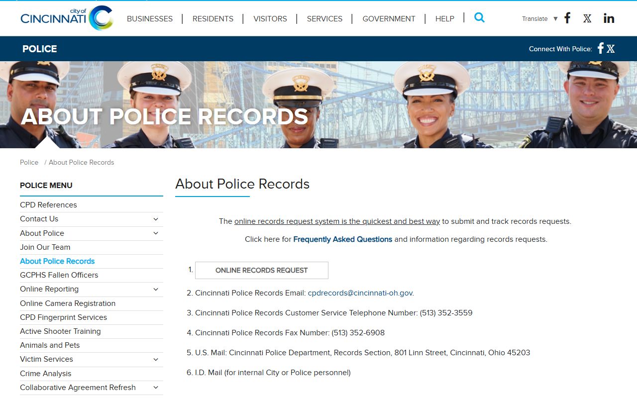 Cincinnati background check police records request page