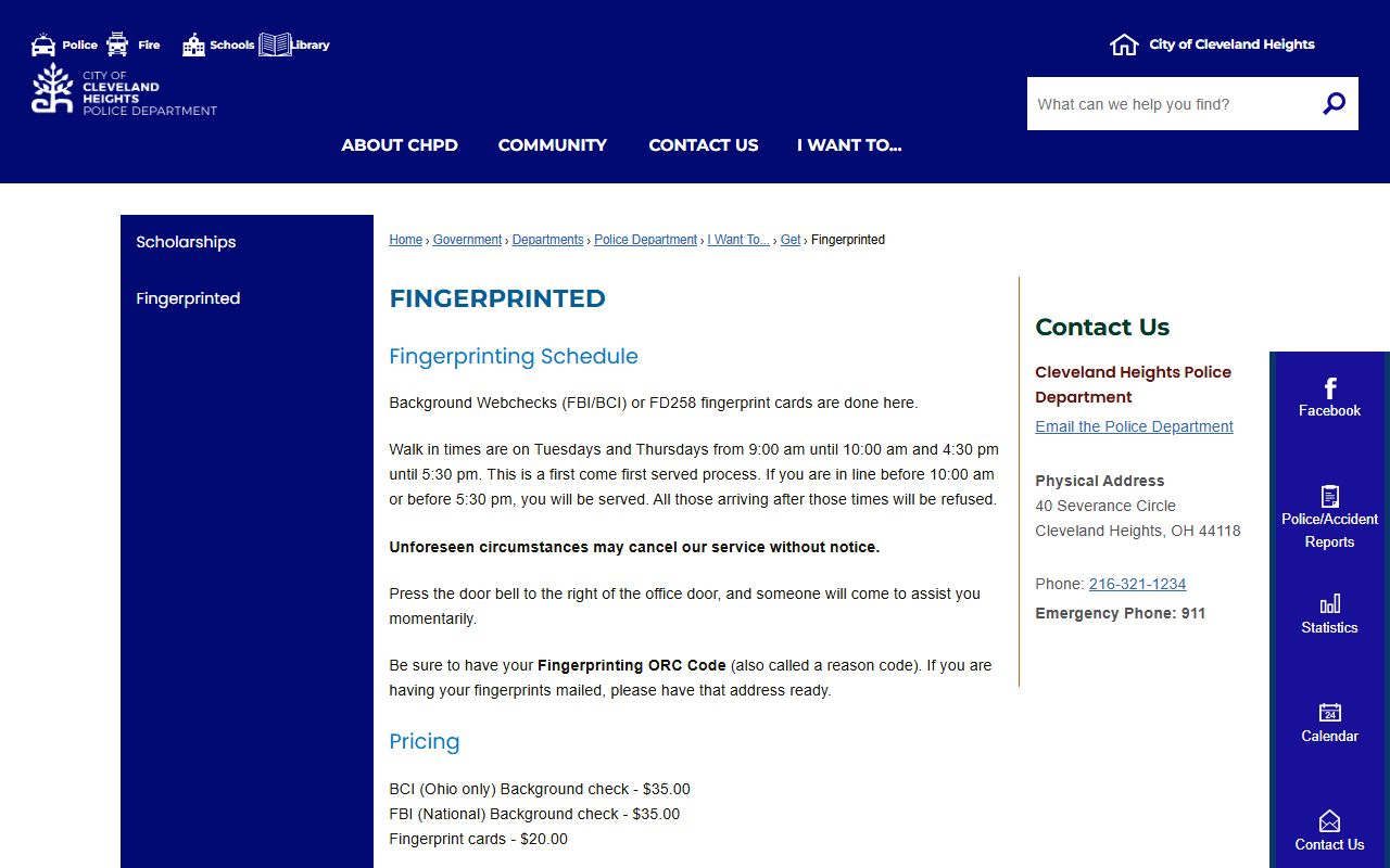 Cleveland background check fingerprinting at Cleveland Heights