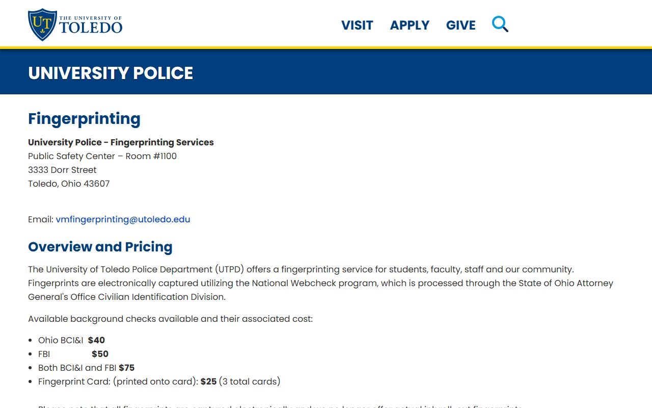 Toledo background check University of Toledo fingerprinting