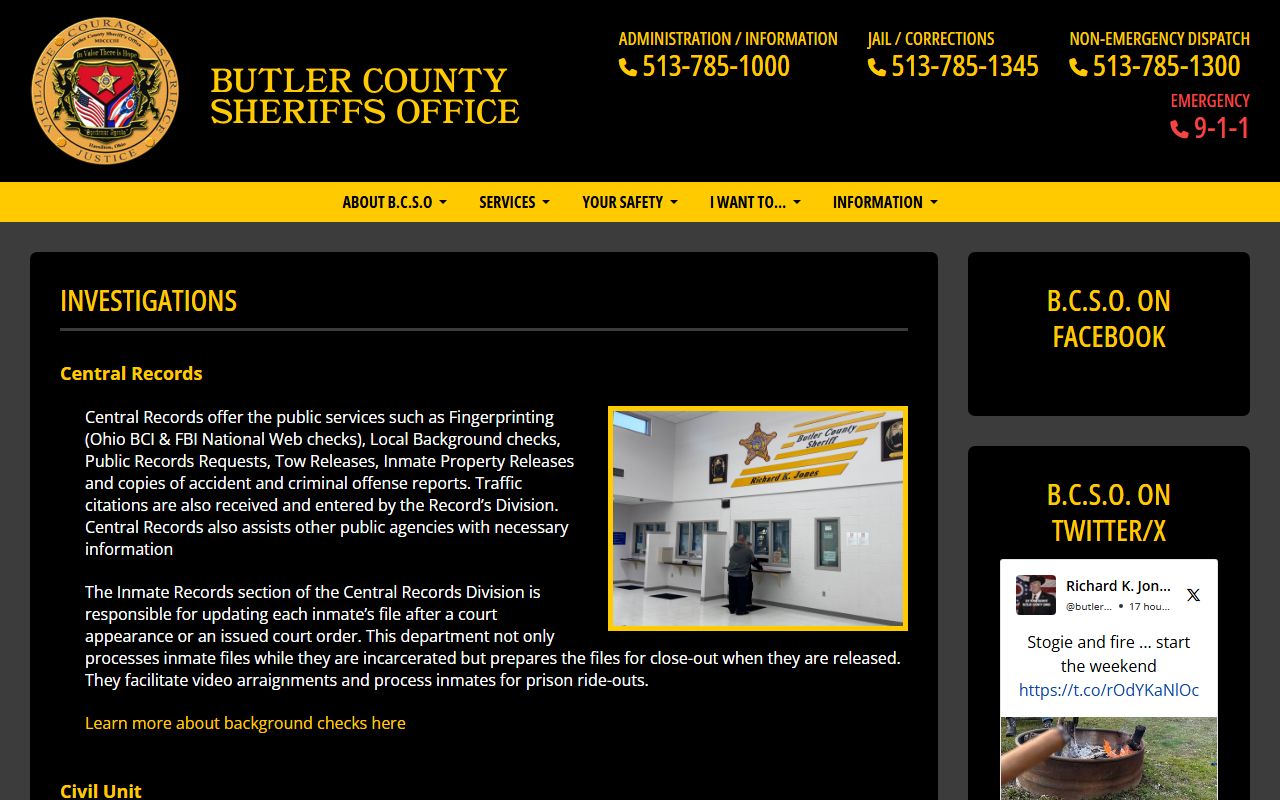 Butler County Sheriff background check services page