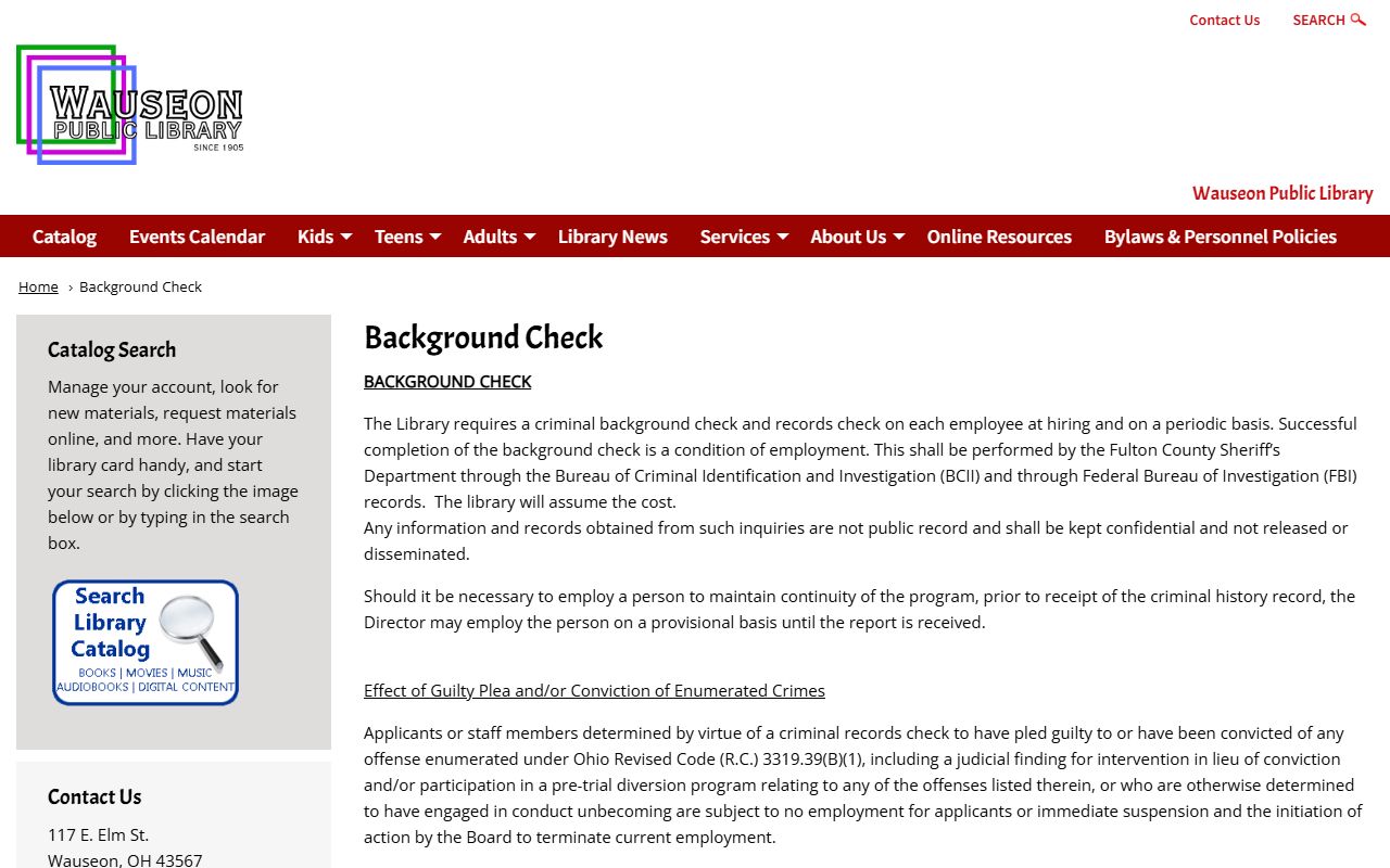 Fulton County background check policy at Wauseon Public Library