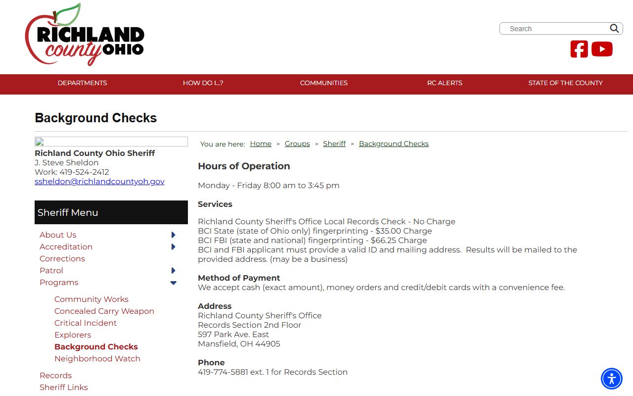 Richland County Sheriff Office background check services page