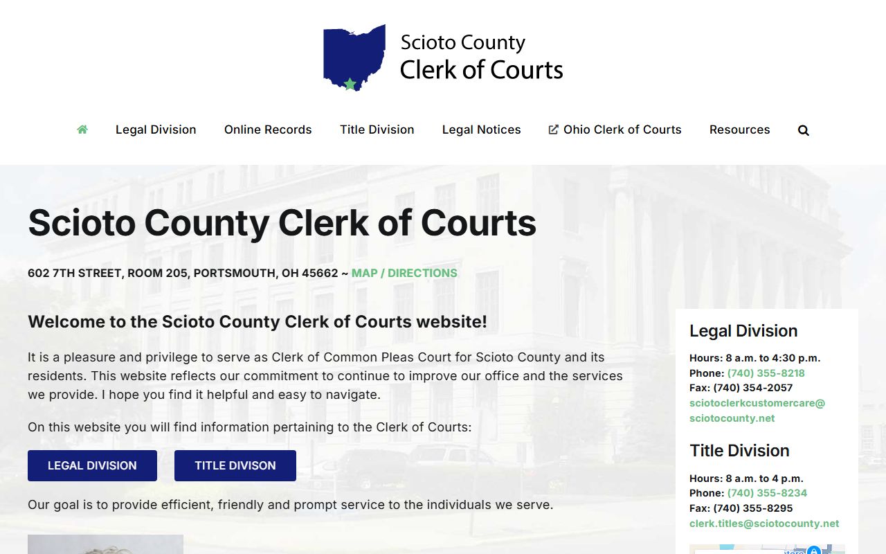 Scioto County Clerk of Courts website for background check records