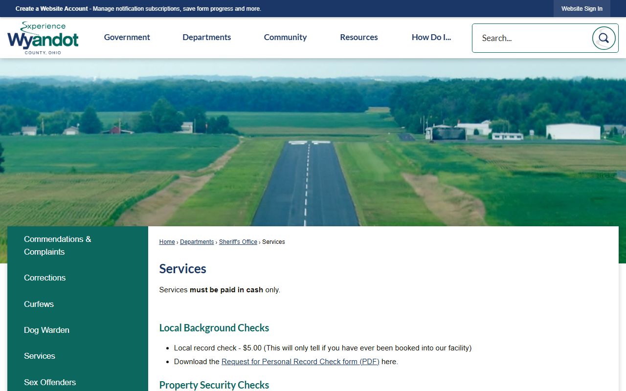 Wyandot County Sheriff's Office background check services and fees