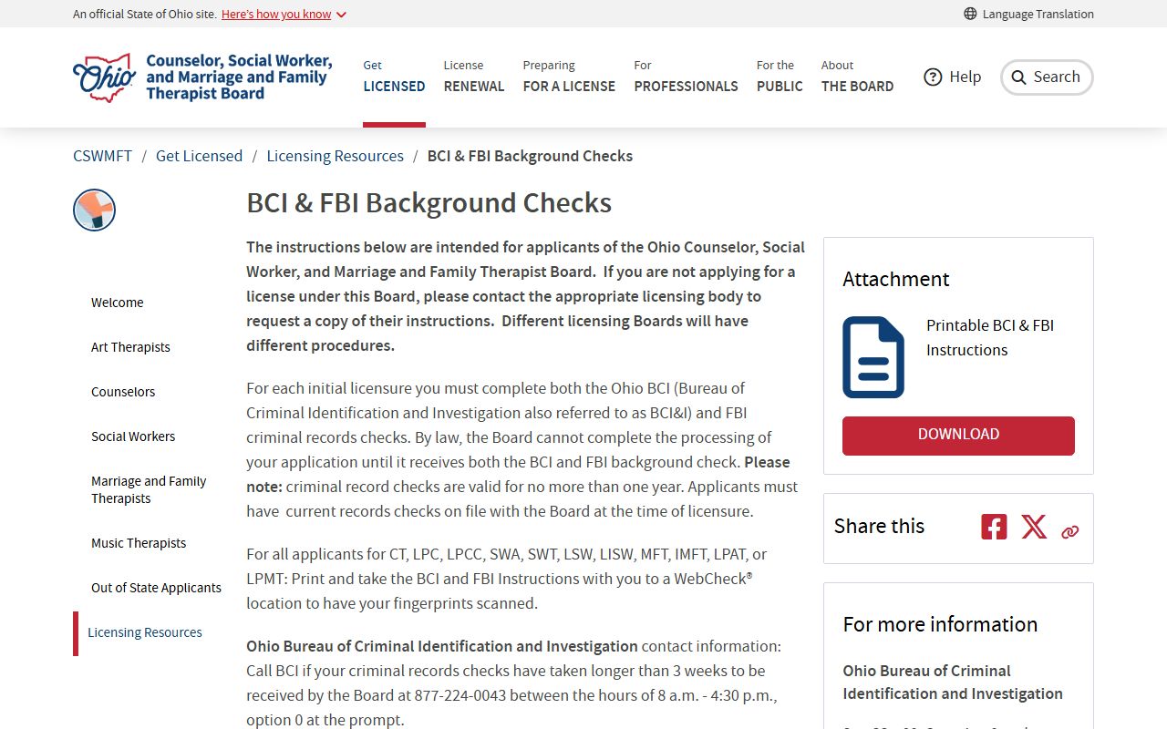 Ohio background check CSWMFT Board fingerprinting process