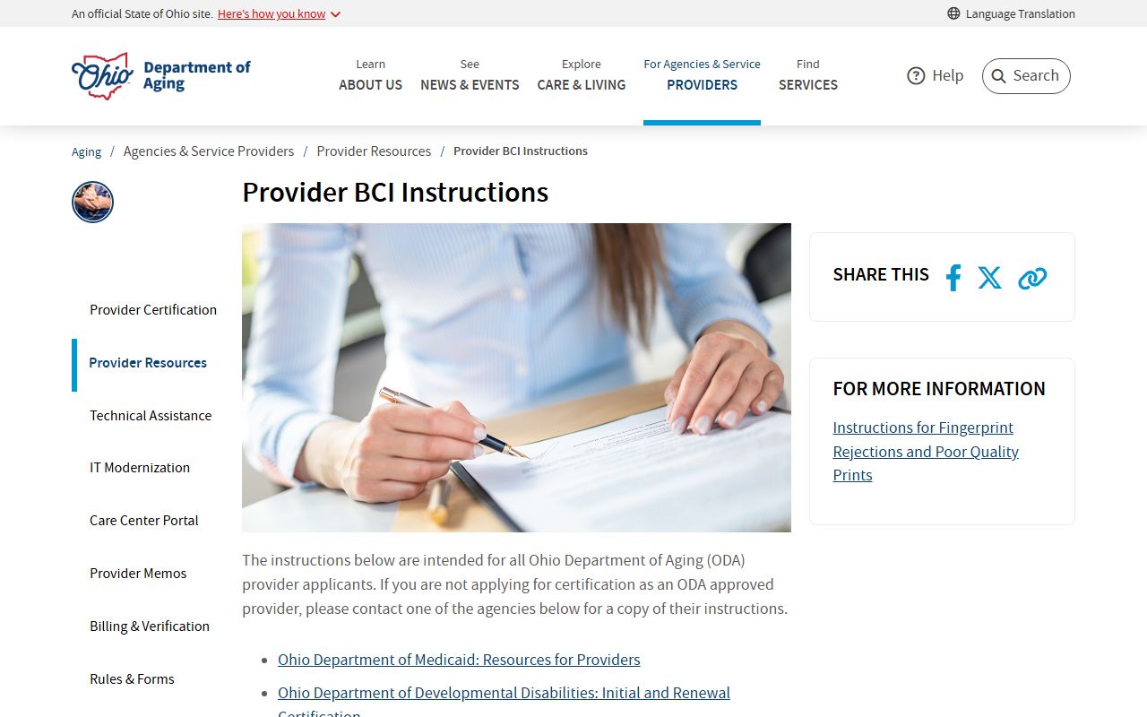 Ohio background check Department of Aging BCI instructions