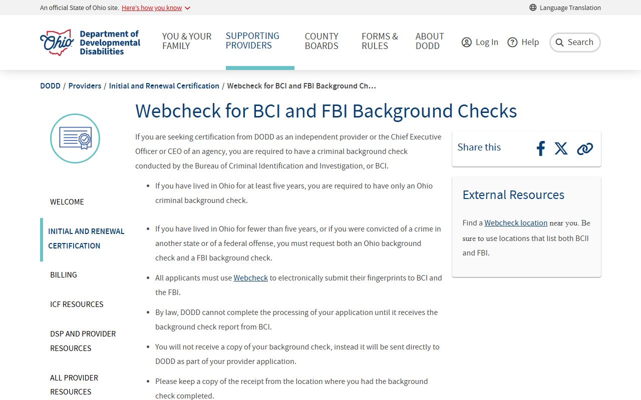 Ohio background check DODD WebCheck instructions