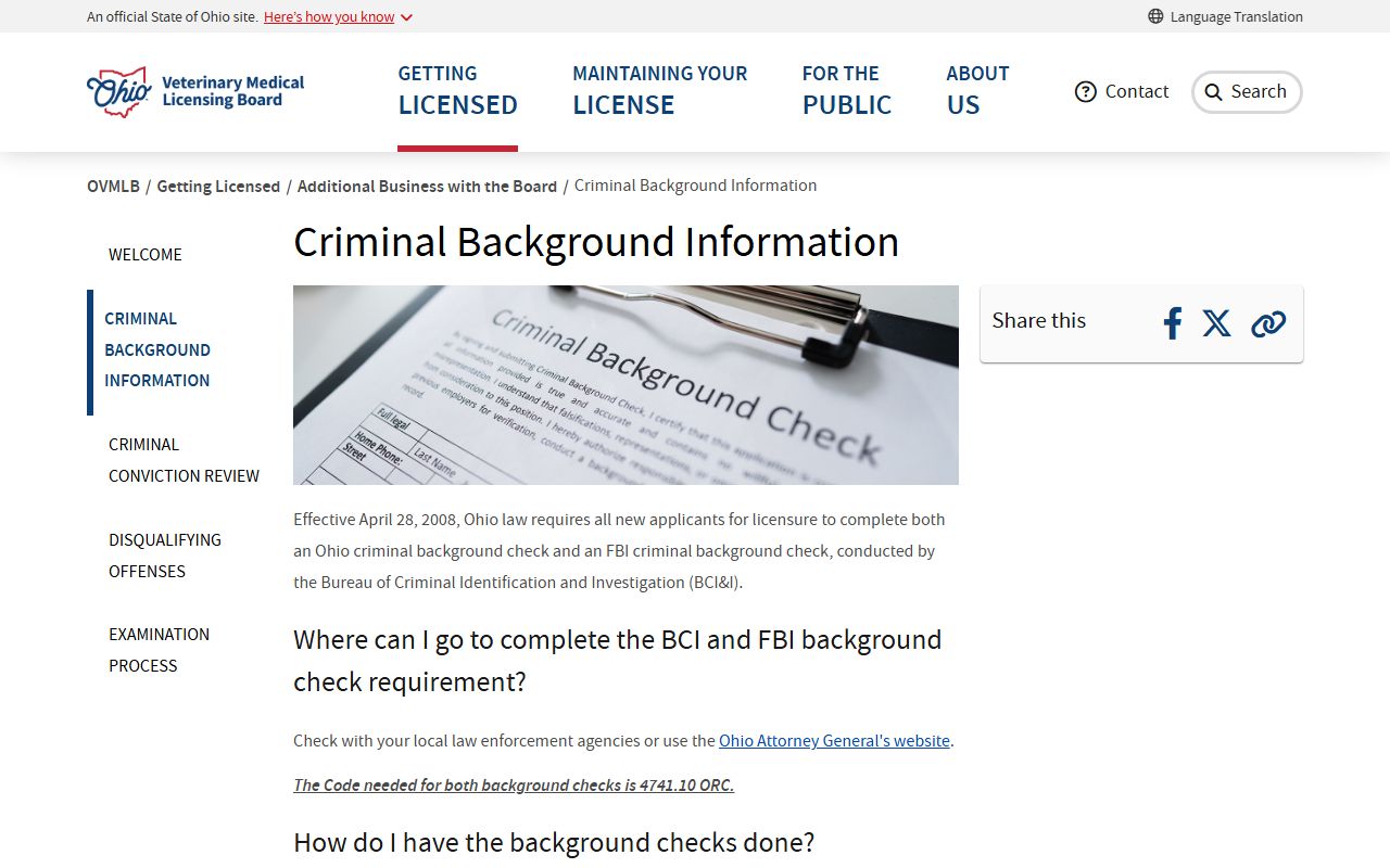 Ohio background check OVMLB fingerprinting requirements